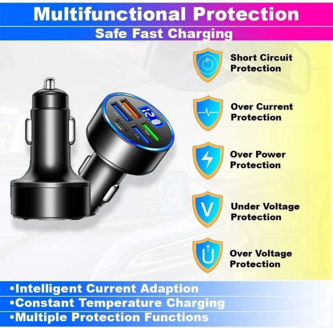 6-Port Fast Car Charger | 66W USB + Type-C Adapter with LED Display | QC3.0 + PD
